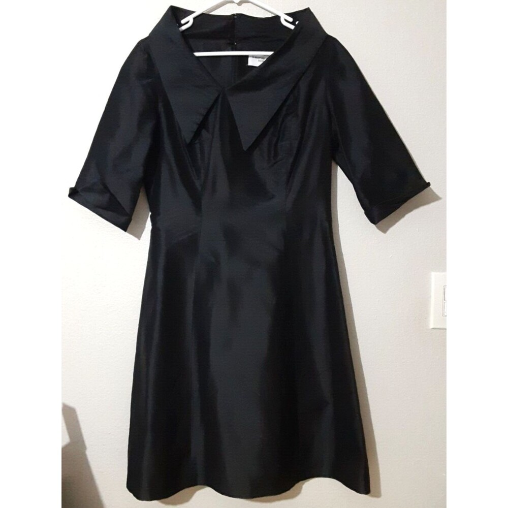 B Michael America Red Collection Black Asymmetrical Collar Modest Midi Dress